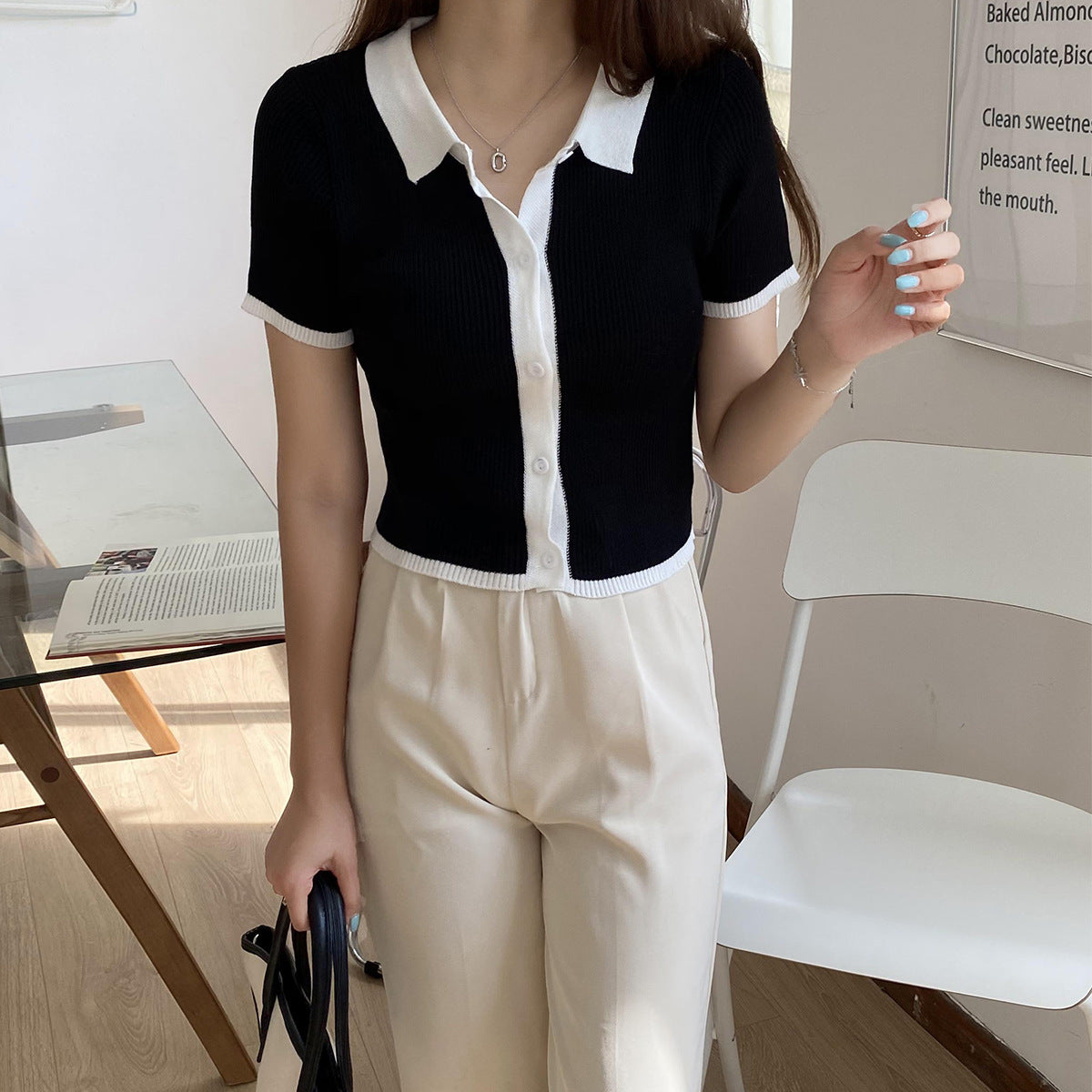 Vintage Short Sleeve Polo Neck Contrast Ice Silk Knit Sweater