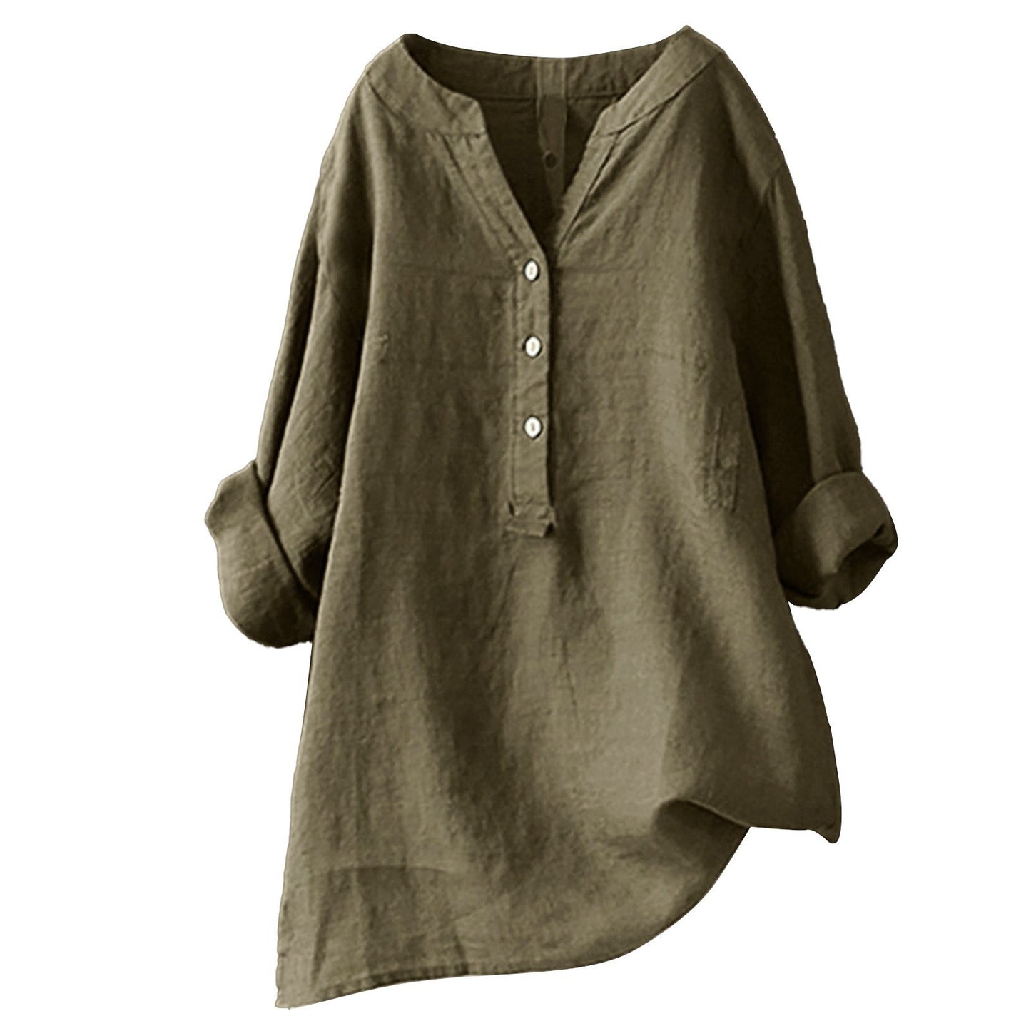 Loose Solid Color Stand Collar Button Long Sleeve Cotton And Linen Top