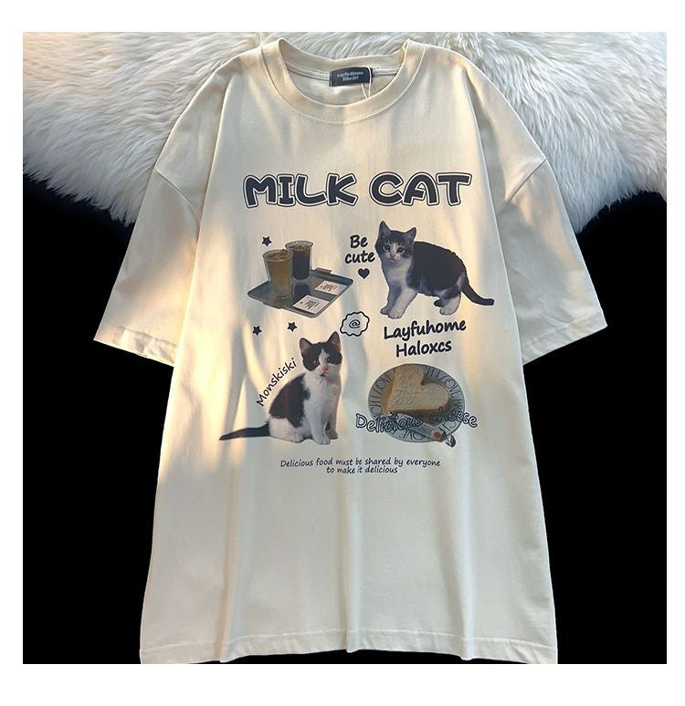 Cartoon Cat Summer Round Neck Short Sleeves T-shirt For Men And Women