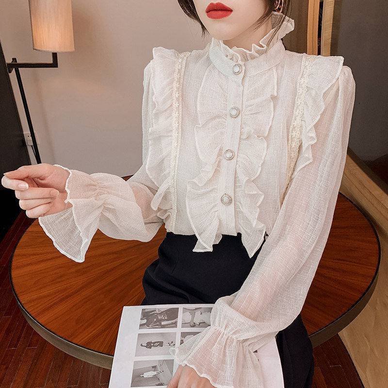 Women's High-neck Lace Ruffled Long-sleeved Shirt