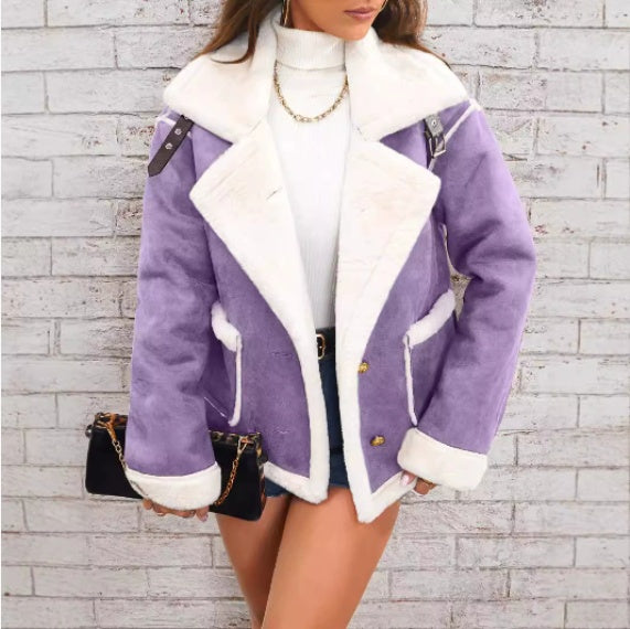 Lapel Plush Jacket, Winter Warm Casual Outwear, Women's Clothing