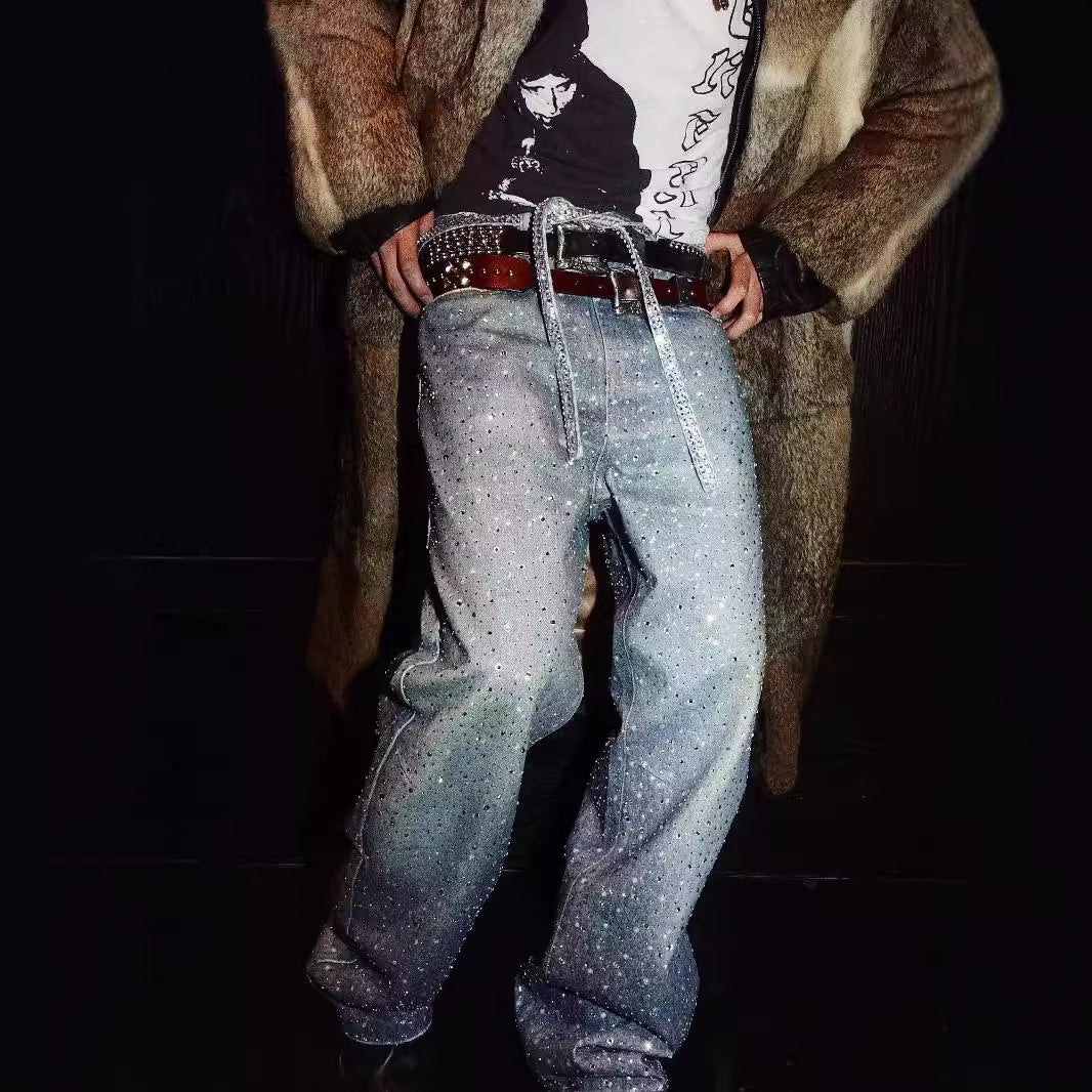 Men's Washed Loose Wide Leg Full Diamond Printed Stacked Jeans