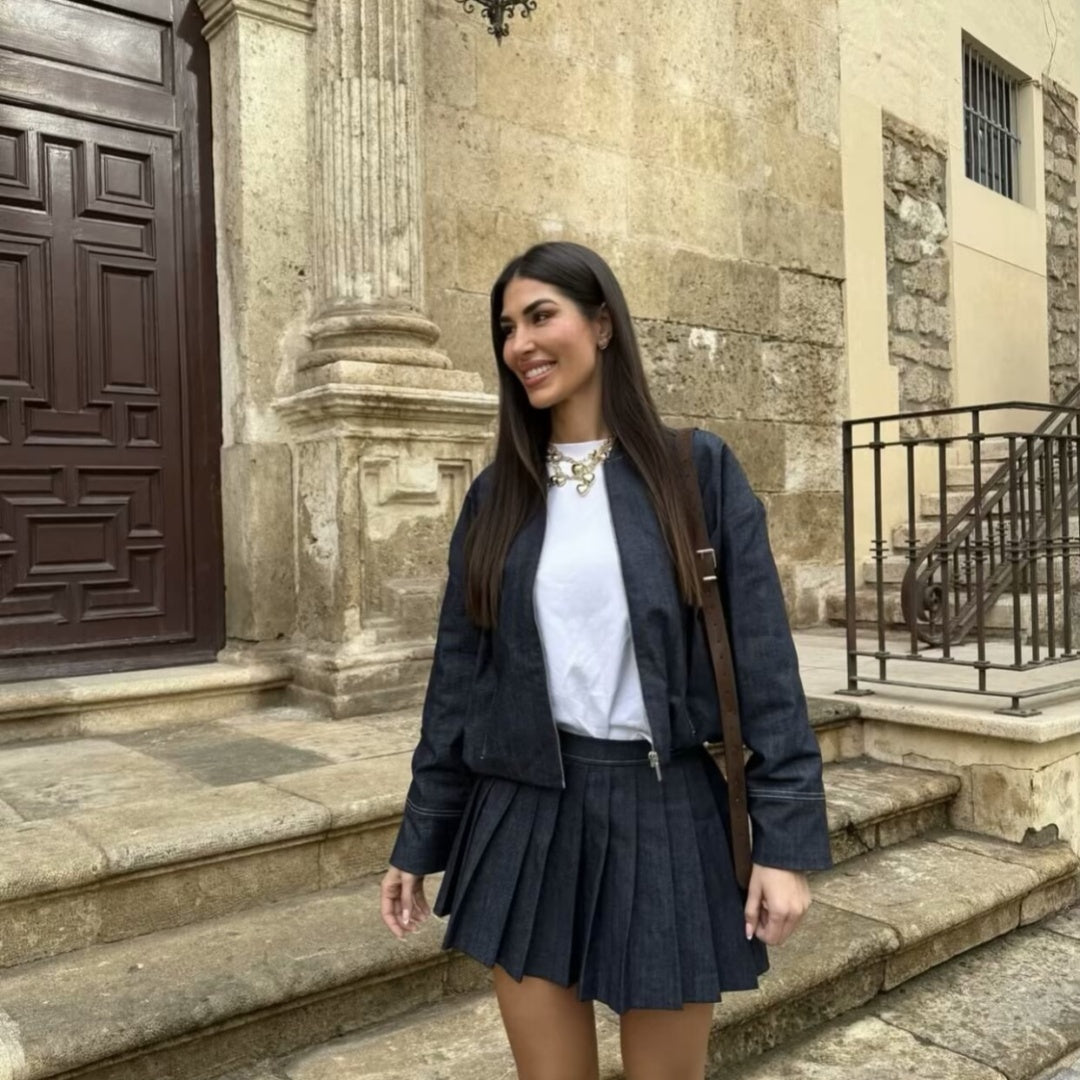 Denim Pilot Jacket Wide Pleated Denim Skirted Leggings