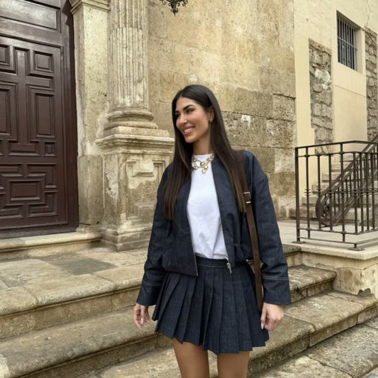 Denim Pilot Jacket Wide Pleated Denim Skirted Leggings