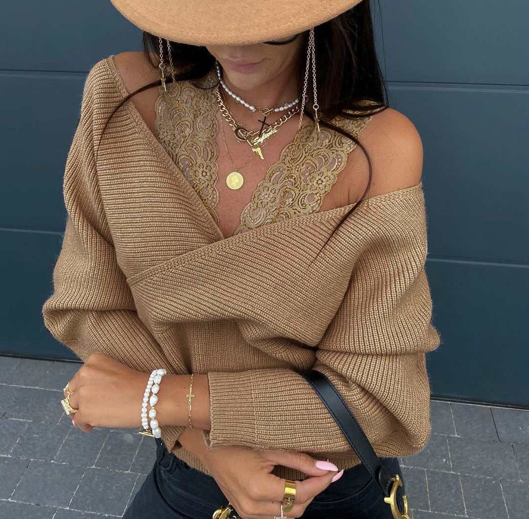 Sexy solid color lace sling strapless long sleeve top