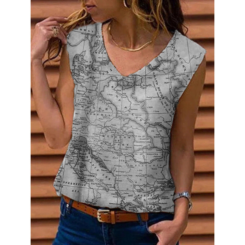 Women's Vest Map Print T-shirt Top