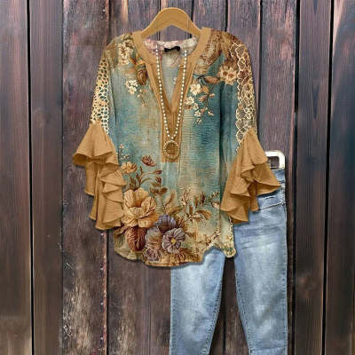 Women's Creative Printing Casual V-neck Lotus Sleeve T-shirt