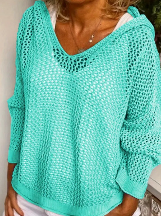 Lightweight Loose-Fitting Knitted Hoodie With Lace Details For Sun Protection.