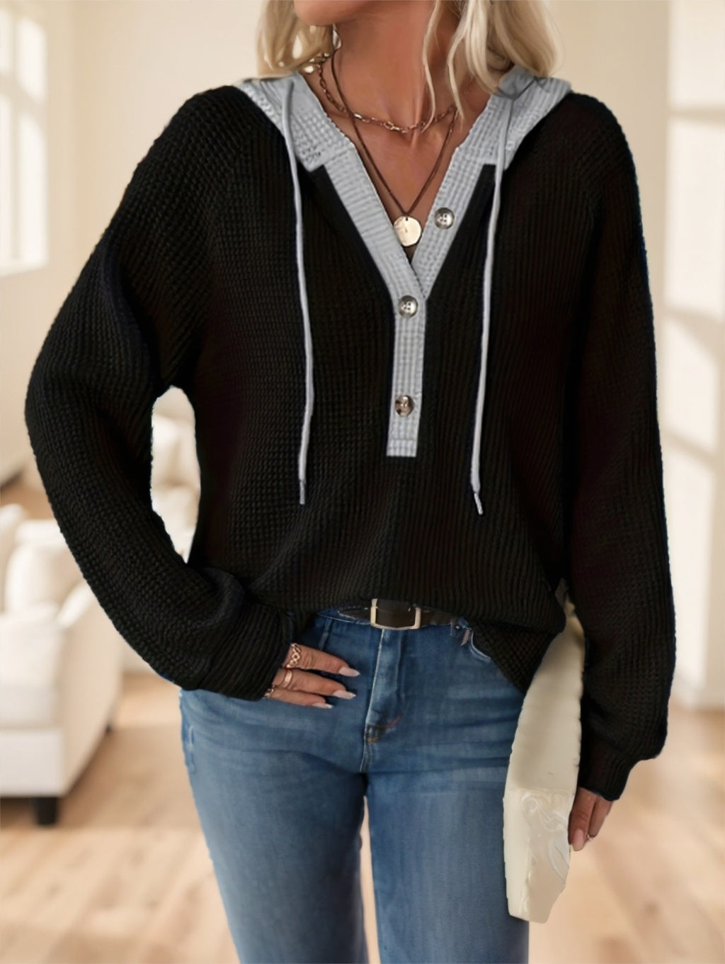 Color Block Button Front Drawstring Hoodie