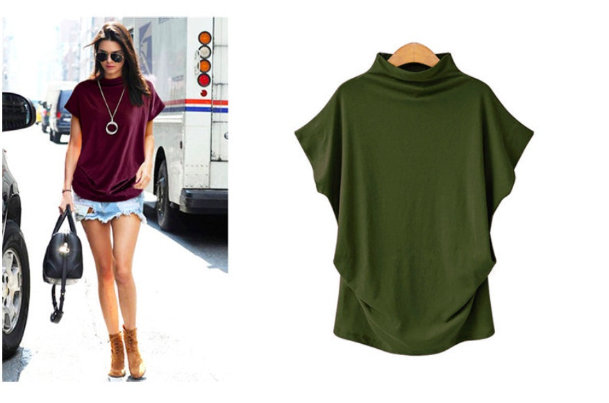 Cross border wish Amazon hot women's loose high neck bottoming shirt printed on cotton