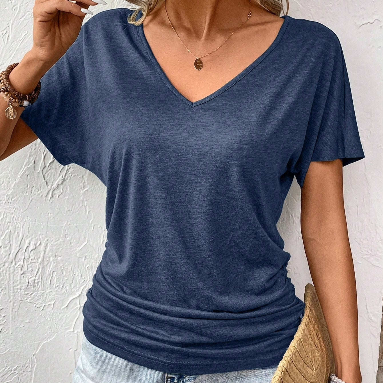 Women Summer Solid Color V-Neck Short Sleeve Casual T-Shirt