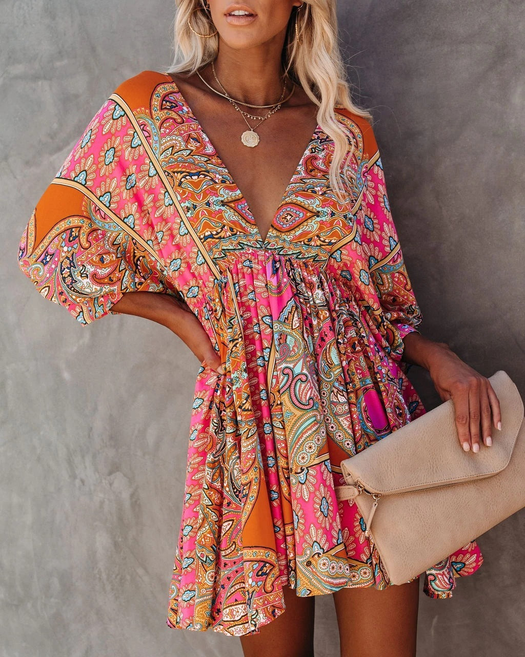 Amazon Ebay Sexy V-neck Waist Print Dress