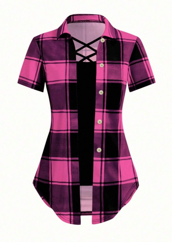 Unity AB Splicing Collar Turn-D2 In 1 Plaid Short-Sleeved T-Shirt