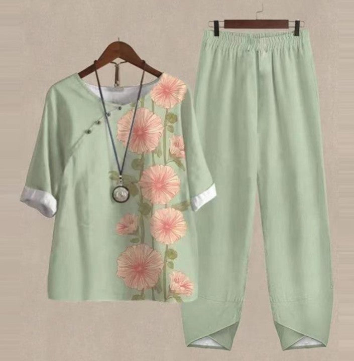 Spring New Women's Five-quarter Sleeve Printed Top Two-piece Pants