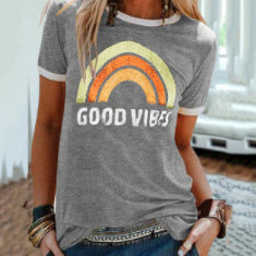 Fashion Rainbow Print Crew Neck Short Sleeve