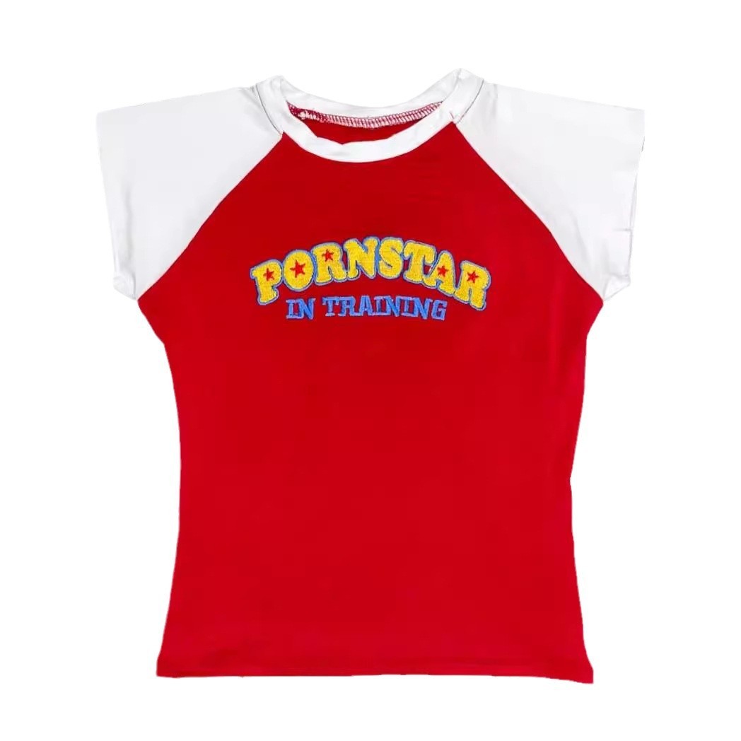 Contrast Color Letter Print Slim-fit Short-sleeved Hot Girl Top Fashion