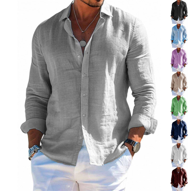 Men's Long Sleeve Shirt Casual Loose Lapel Button Top Solid Color Plus Size Blouse Clothing