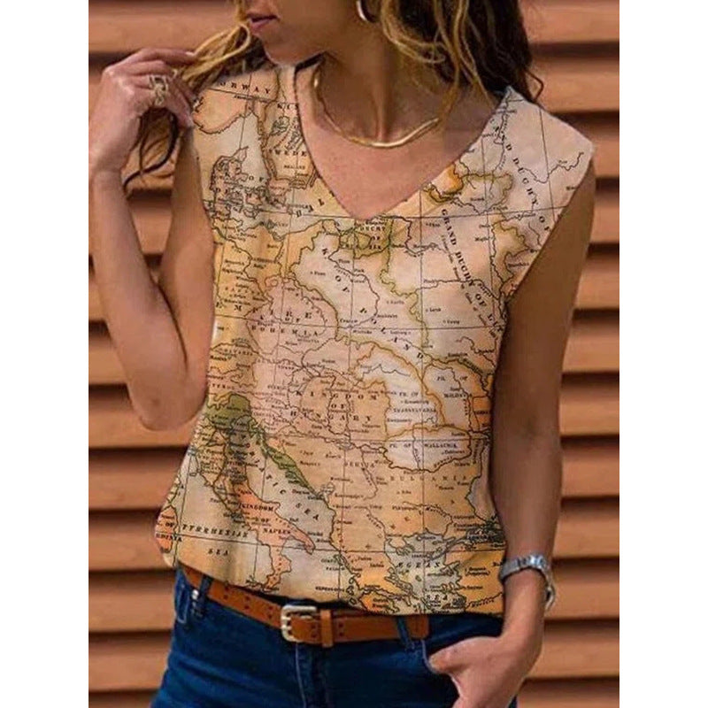 Women's Vest Map Print T-shirt Top
