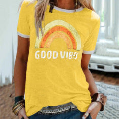 Fashion Rainbow Print Crew Neck Short Sleeve