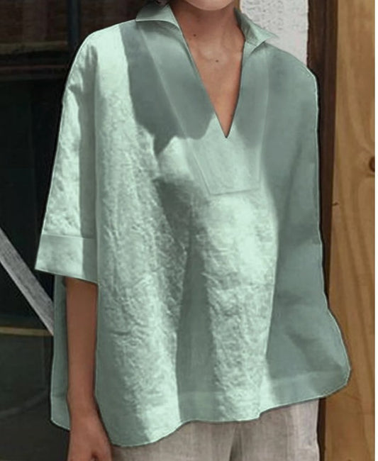 V-neck cotton and linen short-sleeved blouse
