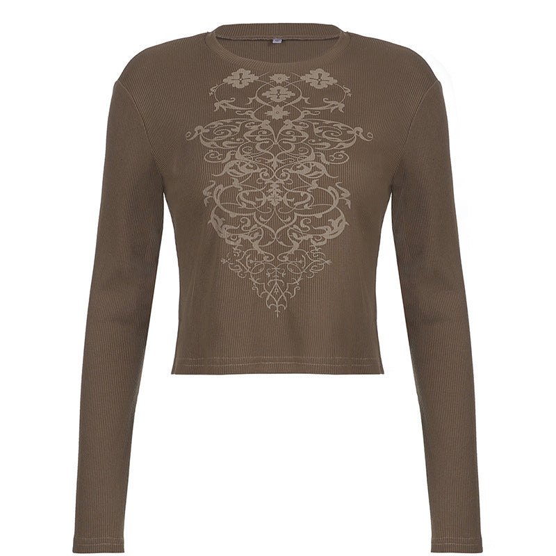 Ins American Retro Style Print Round Neck Slim Long Sleeves
