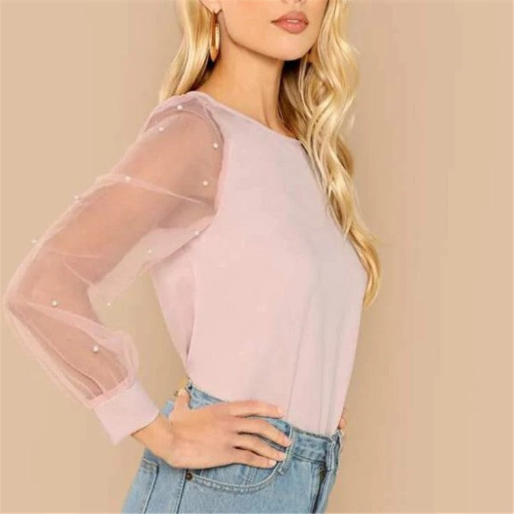 Women's Long Sleeve Beaded Mesh Patchwork Top Shirt