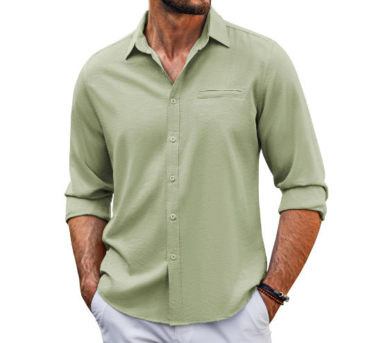 Casual Long Sleeve Shirt With Pocket Lace Polo Collar Solid Color Button Mens Clothing