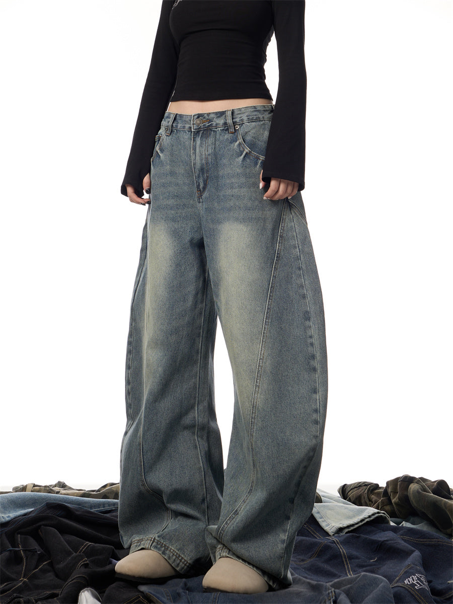 Women's Wide Leg Retro Washed Worn Jeans