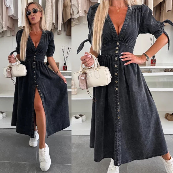 V-neck Short Sleeve Loose Denim Long Button Dress