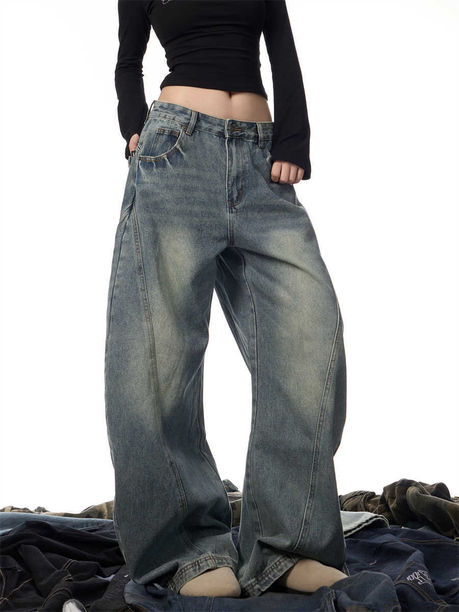 Women's Wide Leg Retro Washed Worn Jeans
