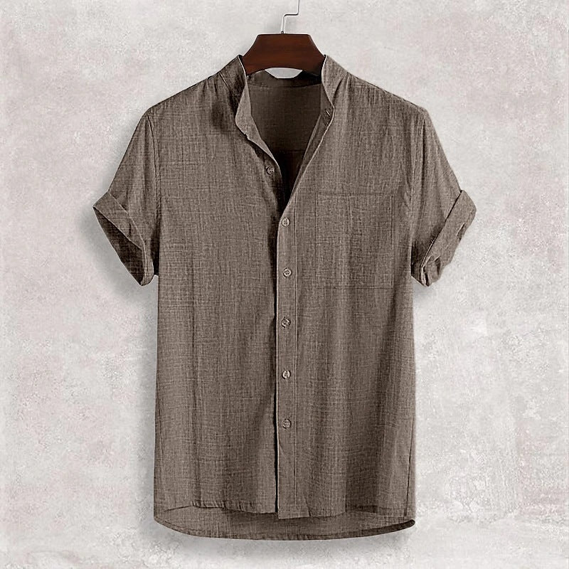 Men's Stand Collar Cotton Cardigan Short Sleeve Thin
