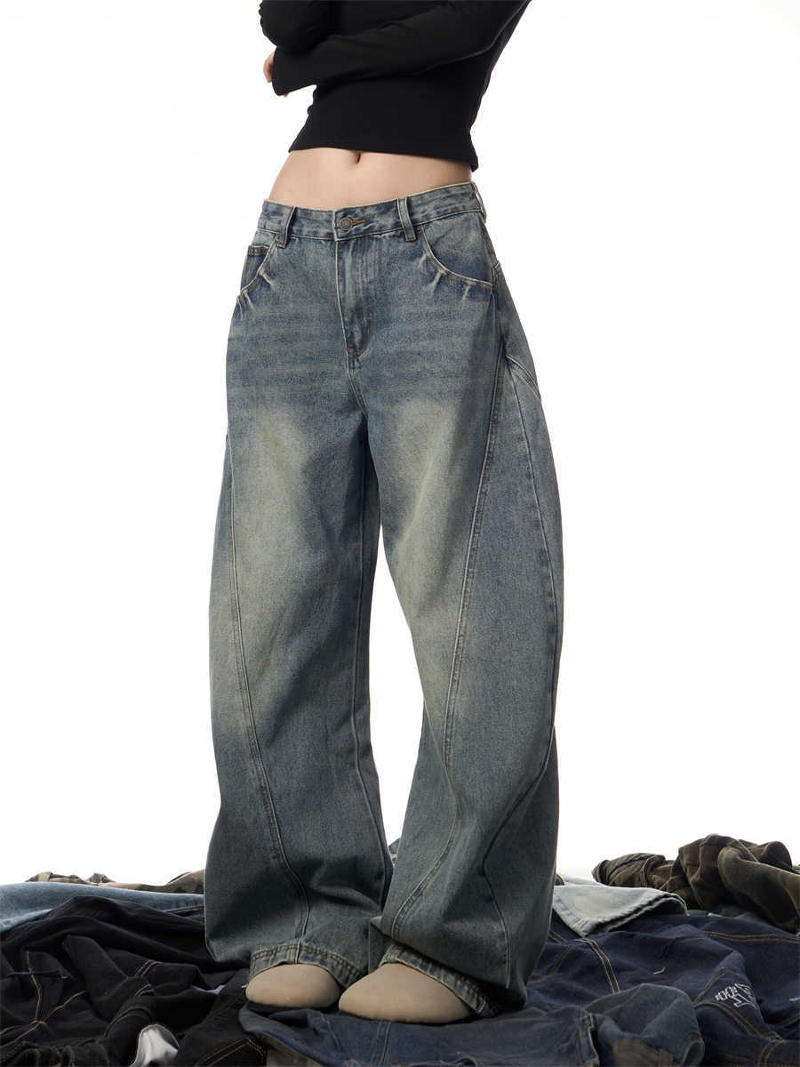 Women's Wide Leg Retro Washed Worn Jeans
