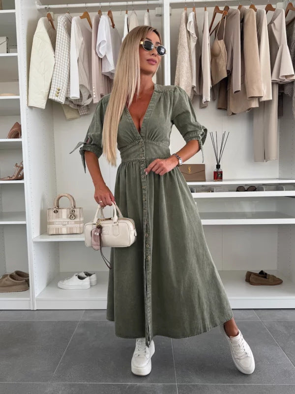 V-neck Short Sleeve Loose Denim Long Button Dress