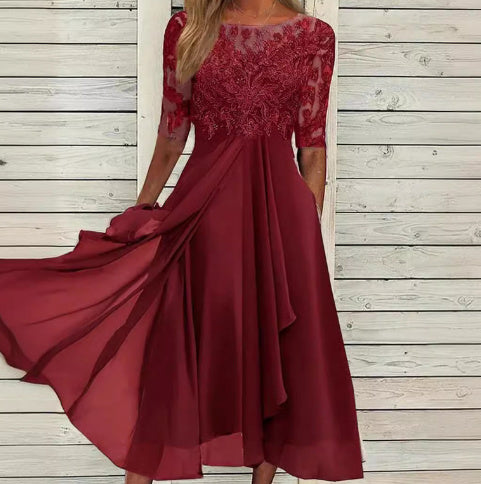 Chiffon Stitching Lace Hollow-out Dress Bridesmaid Evening Dress Women's Dress