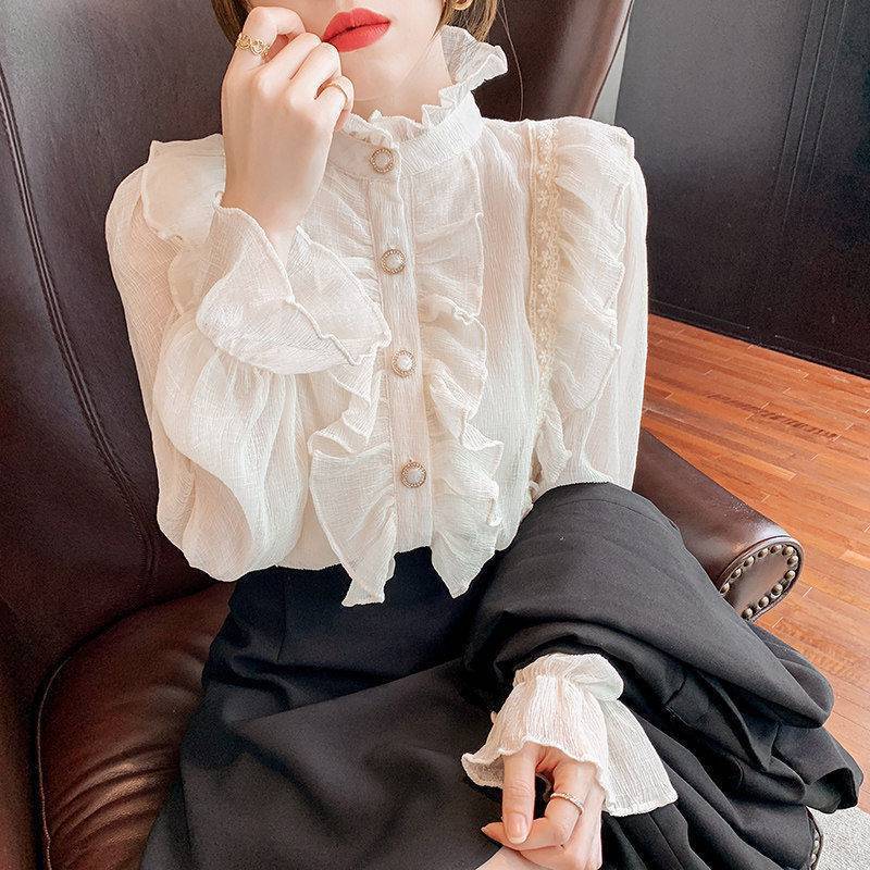 Women's High-neck Lace Ruffled Long-sleeved Shirt