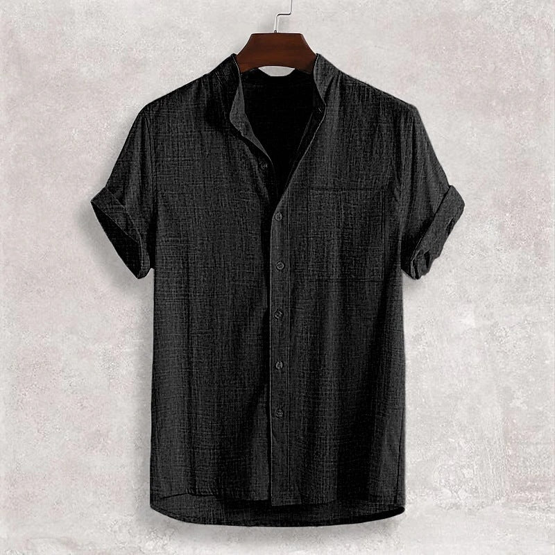 Men's Stand Collar Cotton Cardigan Short Sleeve Thin