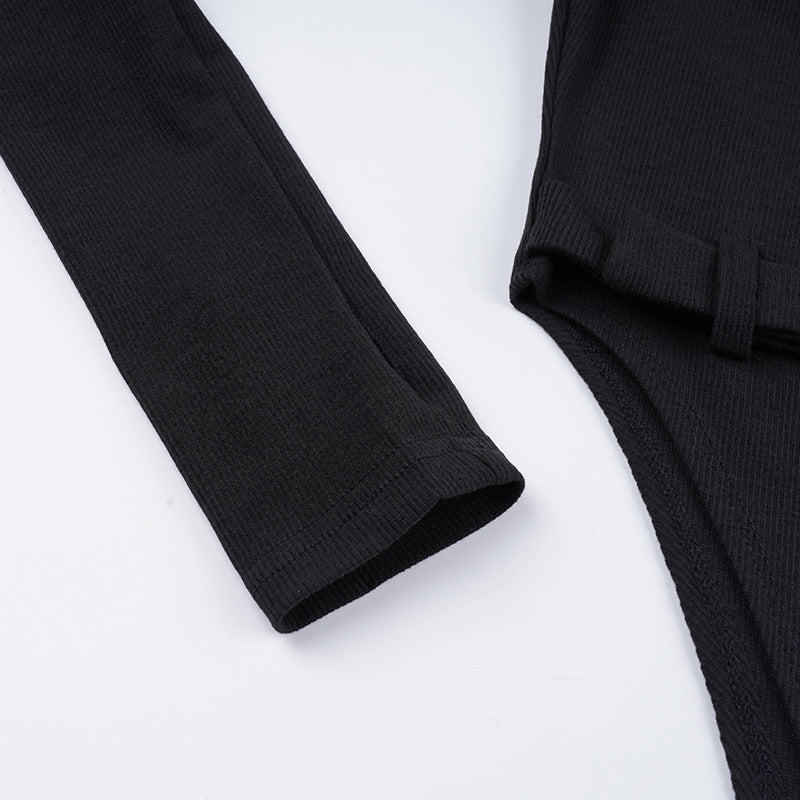 Metal Schoolbag Buckle Design High Neck Long Sleeve Jumpsuit