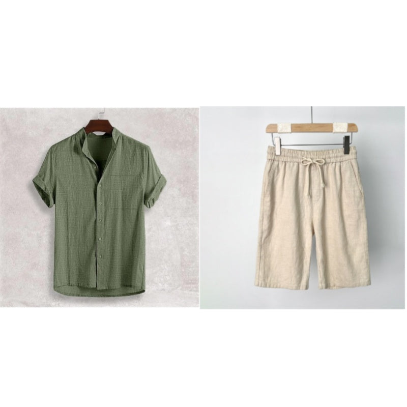 Men's Stand Collar Cotton Cardigan Short Sleeve Thin