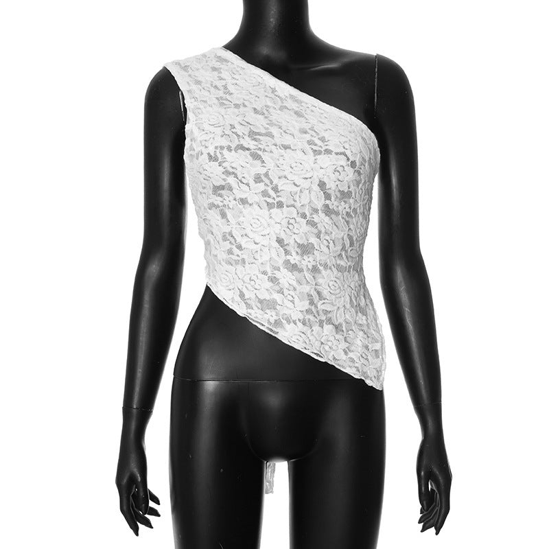 Lace Diagonal Collar Cardigan Loose Stitched Backless Solid Color Top
