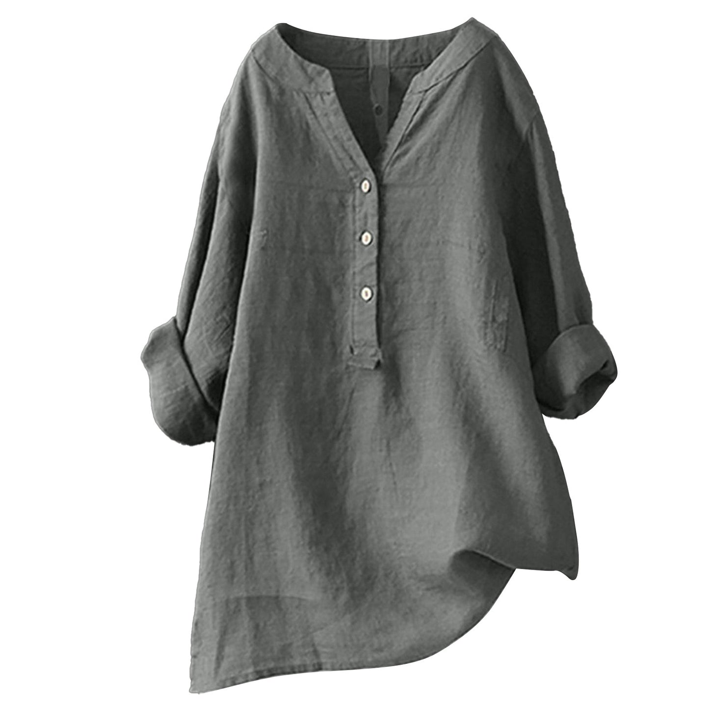 Loose Solid Color Stand Collar Button Long Sleeve Cotton And Linen Top