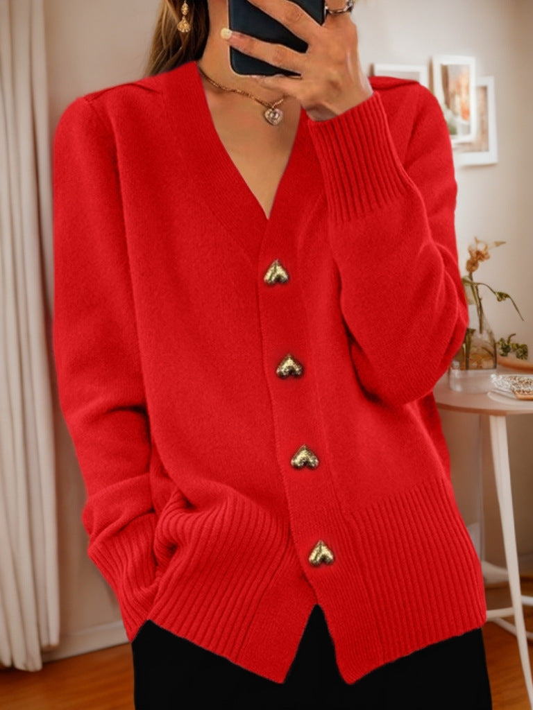 V-neck Knitted Sweater With Love Button Fashion Solid Long-sleeved Cardigan Spring And Autumn Women's Clothing