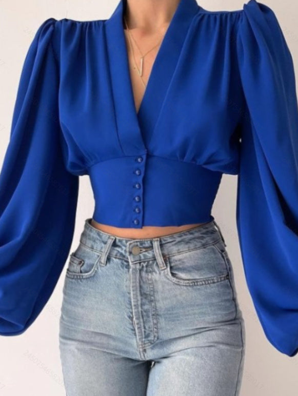 V Neck Waisted Single Breasted Lantern-sleeved Long-sleeved Shirt