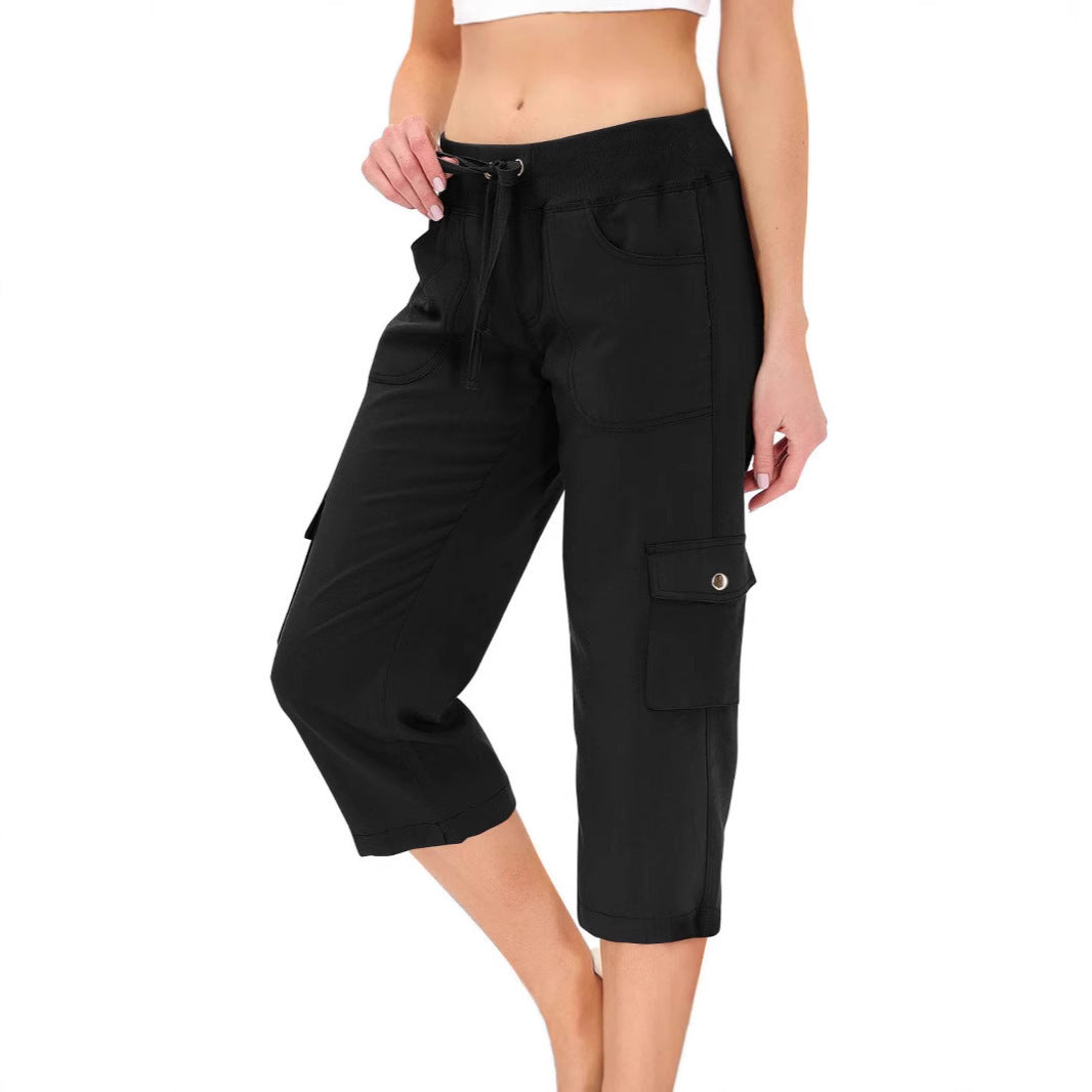 Women's Solid Color Drawstring Fitness Running Cropped Pants