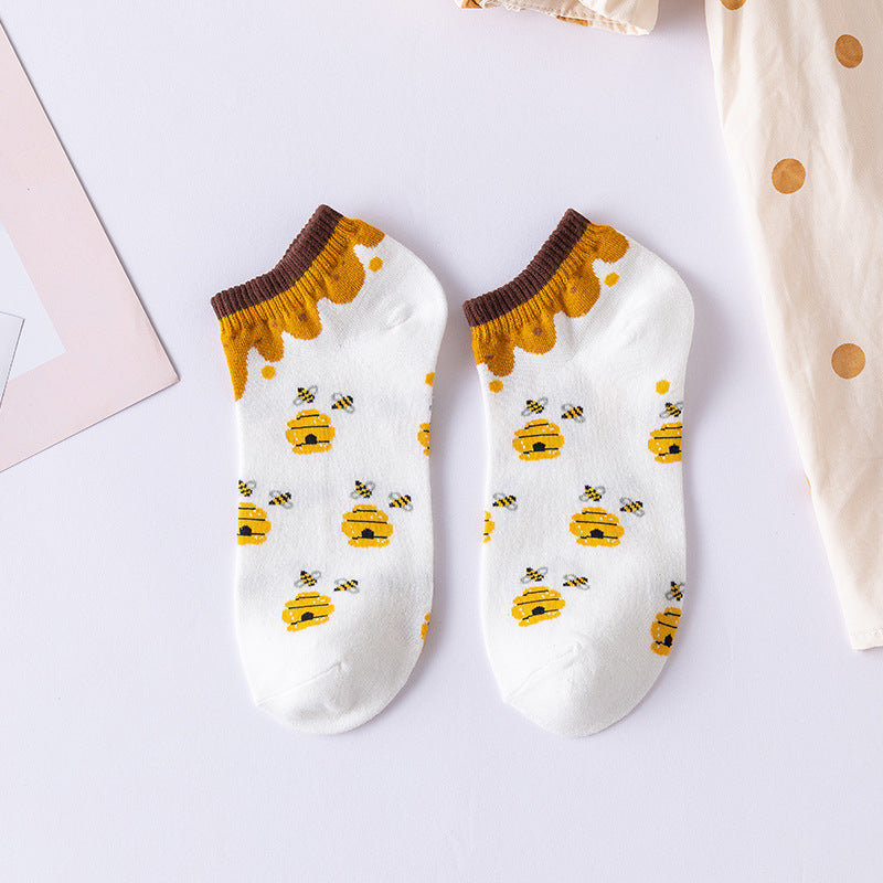 Cartoon Little Bee Boat Socks Pure Female Embroidery Combed Cotton Socks