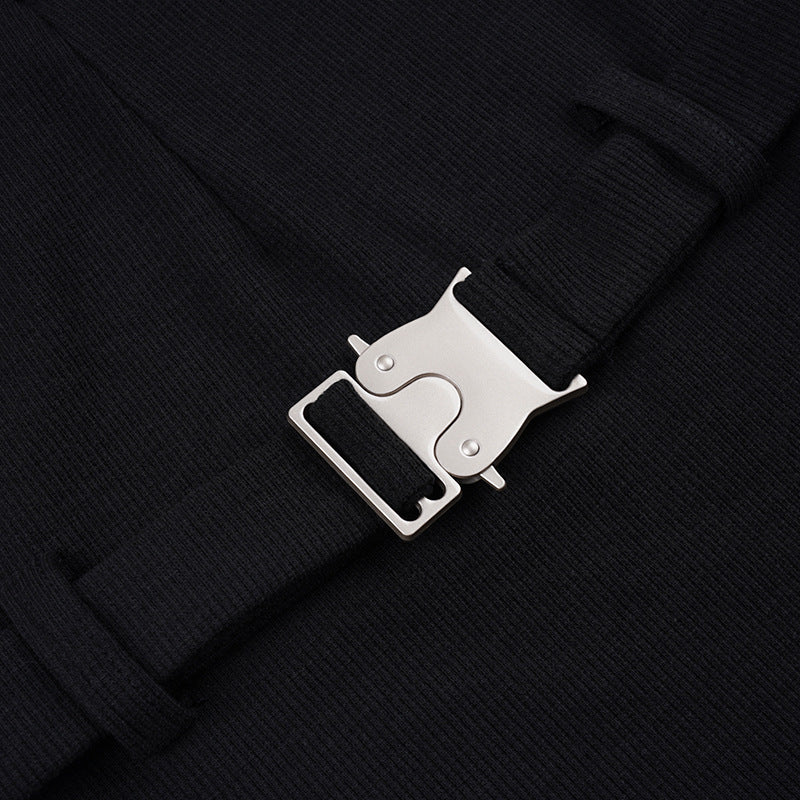 Metal Schoolbag Buckle Design High Neck Long Sleeve Jumpsuit