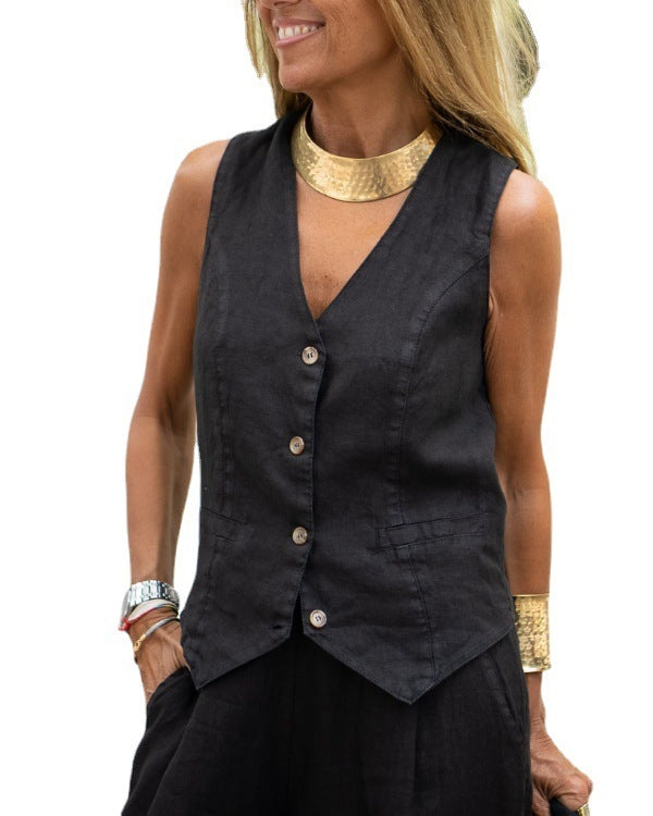 Women's Solid Color Loose Cotton Linen Top Vest