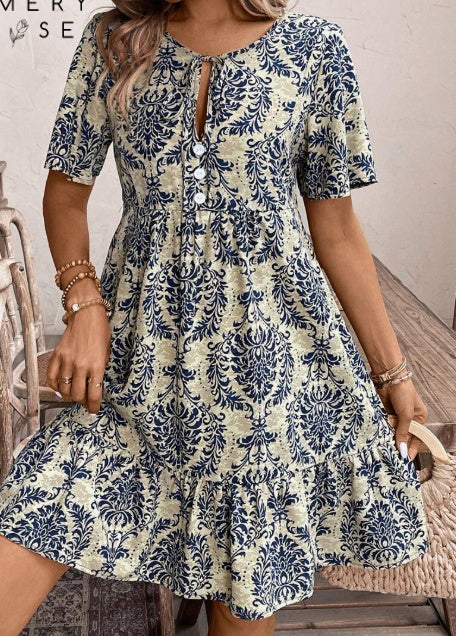 Unity Tied Leisure Vacation Dress With Doll Floral Pattern