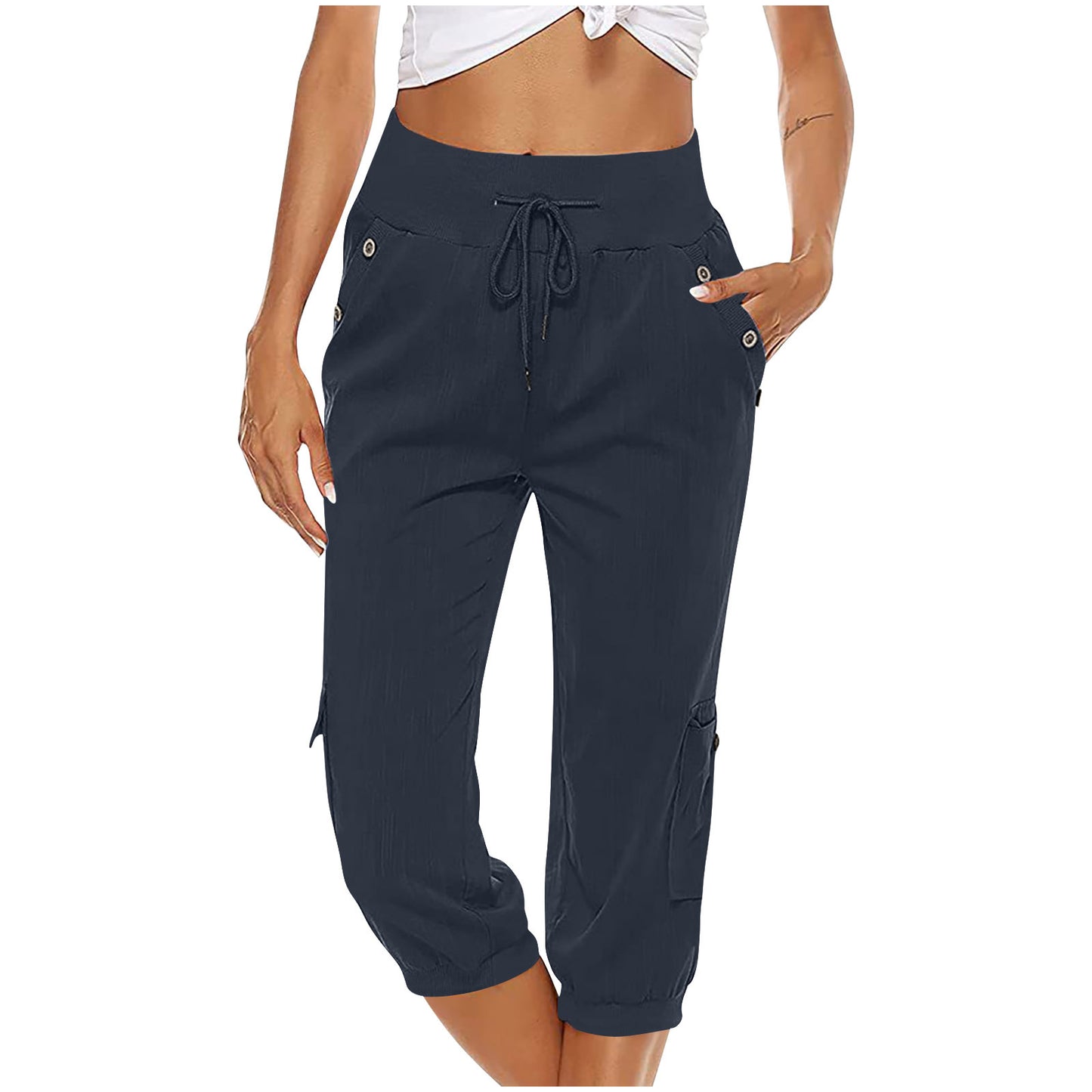 European And American Ladies Solid Color Drawstring Loose Leisure Workwear Wide Leg Straight Cropped Pants