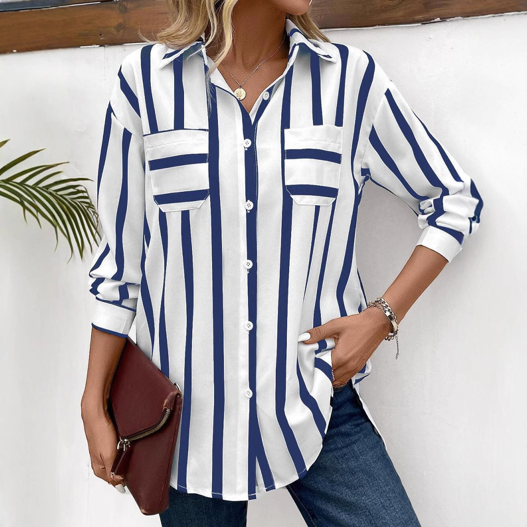 Fashion Vertical Stripes Multi-color Shirt Coat Women