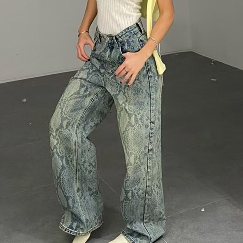 Women's American Style Spliced Snake Pattern Straight Leg Jeans
